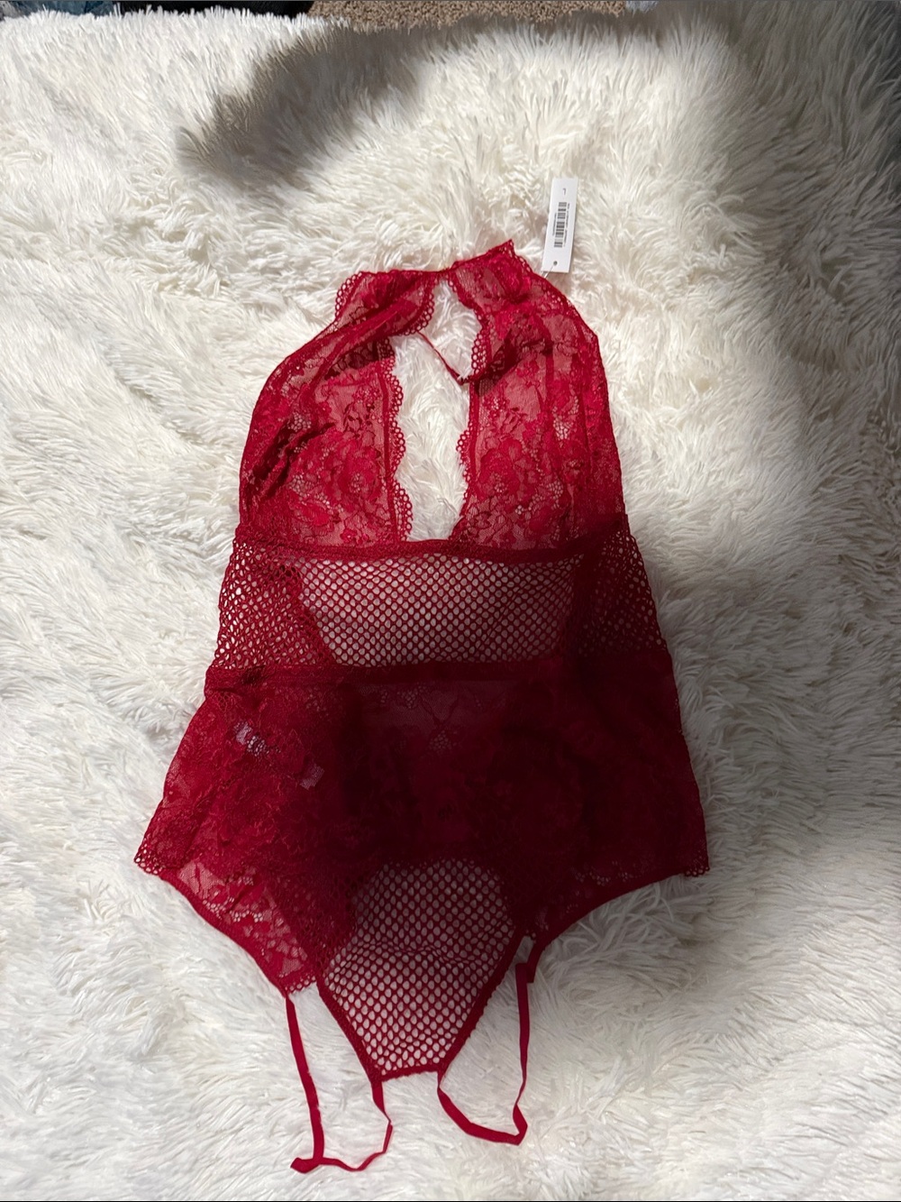 Adore Me Red Lace & Fishnet Halter Teddy with Garter Straps